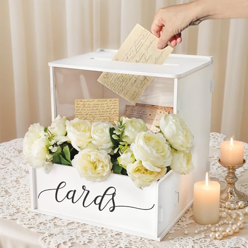Image of White Card Box with Slot, Wedding Card Boxes for Reception with Flower Trough, Elegant Suggestion Box for Gift Cards Envelope, Perfect for Birthday Bridal Shower Graduation Party Table Decor