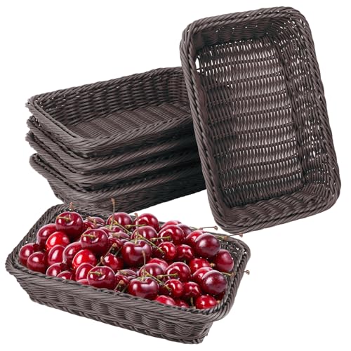 IHDYPPEW 6 Pack 12 Inch Deep Coffee Wicker Bread Basket, Handmade Woven Organizer, Rectangular Fruit Baskets, Snack Basket Food Serving Baskets for Dining Table, Candies, Crackers, Fruit, Vegetables