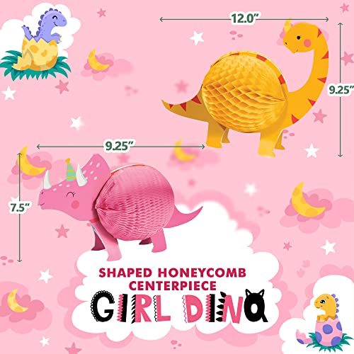 Creative Converting Girl Dino Party Decorations - 3 Hanging Cutouts With Iridescent Tassels (36") And 2 Dinosaur Honeycomb Centerpieces - Birthday Party Girls Decor Set Of Supplies Pink, Yellow #TOP2