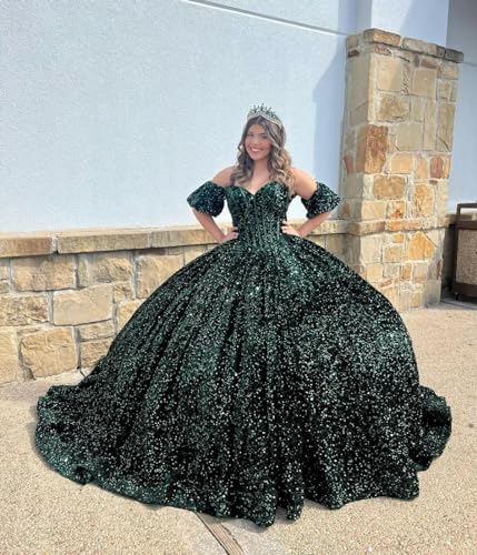 Sparkly Sequin Quinceanera Dresses Off Shoulder Detachable Puffy Sleeve Ball Gown Sweetheart Sweet 16 Dresses3