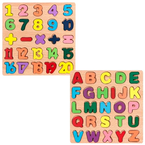 Image of WISHKEY Wooden 3D Capital Alphabets and Number Board Puzzle and Educational Puzzles for Early Learning, Non-Toxic, Colorful Toy, Montessori Toy for Pre-Schooler Kids, Multicolor (Pack of 2)