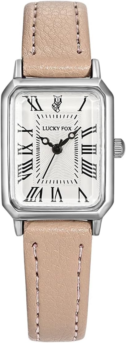 Women's Rectangular Watch, White Dial Roman Numerals, Leather Strap, Classic Style