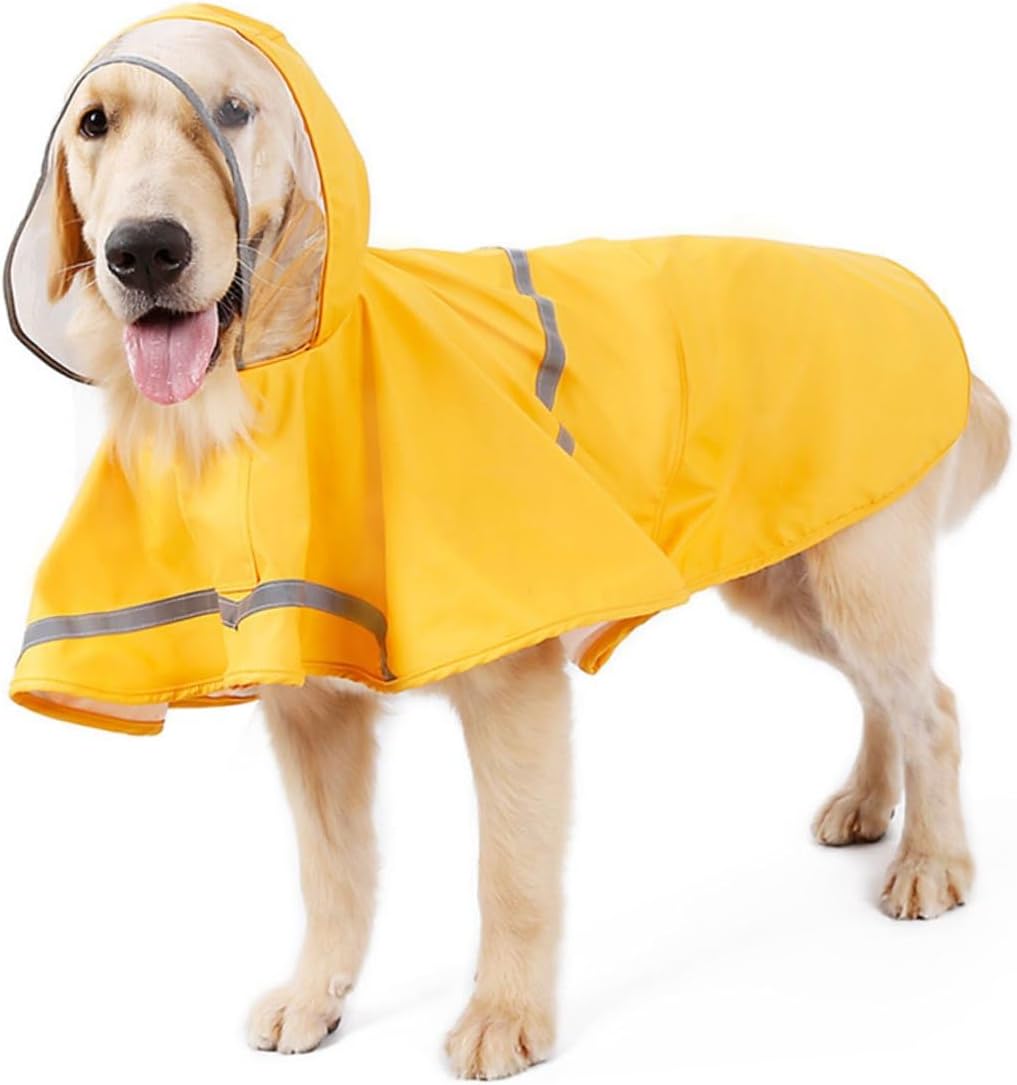 Pet Rain Jacket and Dog Raincoat Waterproof Reflective Yellow L Size Four Seasons Rain Slicker with Hoodie for Puppies and Small Dogs