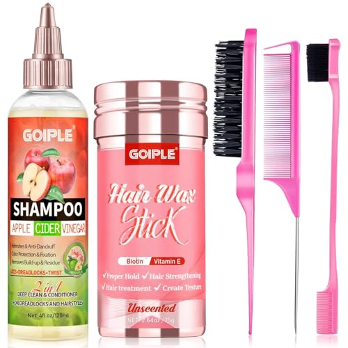 2 En 1 Shampoing au Vinaigre de Cidre & Bâton de Cire Capillaire–Shampoing Détoxifiant en Profondeur pour Tresses, Locks et Cheveux Bouclés, Bâton de Cire Coiffante Longue Durée pour Cheveux Rebelles