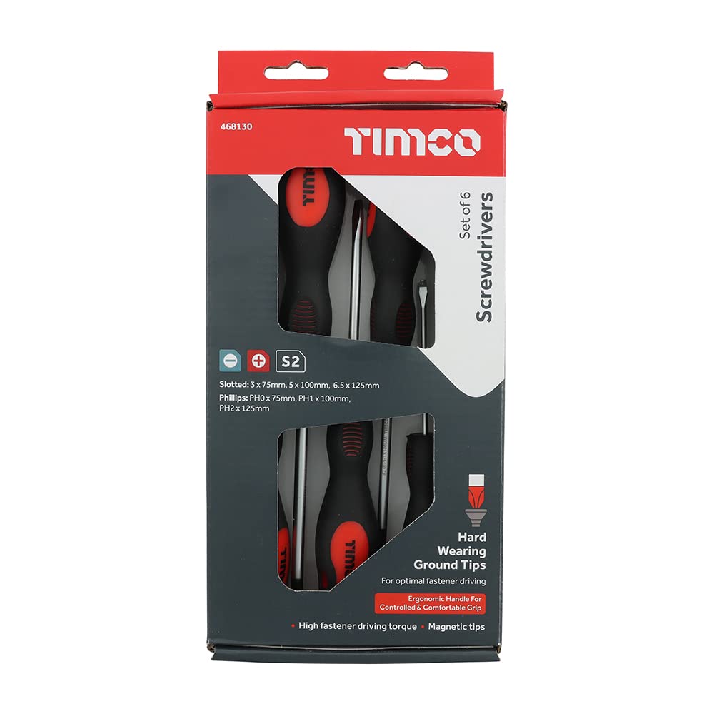 Jeu de tournevis TIMCO 6 pièces acier S2 embouts magnétiques ergonomiques
