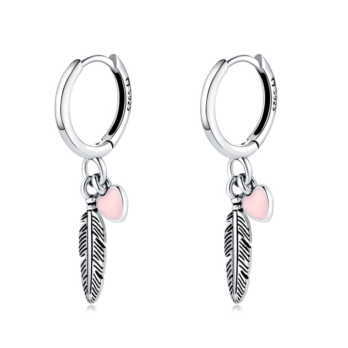 MARLION JEWELS Pendientes aro de plata mujer. Aretes con una pluma y un mini corazón. Pendientes mujer plata acabados en plata de ley u oro de 18K ideal para regalo del día de la madre, aniversario... Joyeria mujer