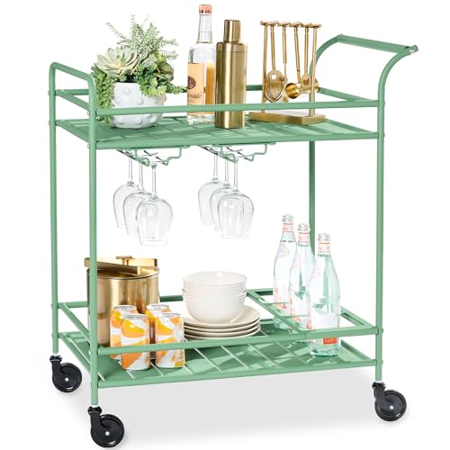 Best Choice Products Rolling Bar Cart, Mobile Home Bar Serving Cart, Serving Station w/ 2 Tier Shelves, Wine Rack, Lockable Wheels - Sage