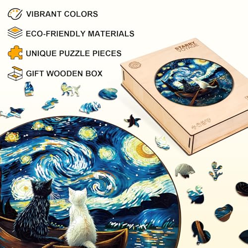 WOODBESTS Puzzles de Madera para Adultos, Rompecabezas de Gato Starry Voyage, Piezas en Forma de Animal Única, Juego de Puzzle para Familia y Amigos (200 piezas, 11.4 x 11.4 pulgadas) miniatura 7