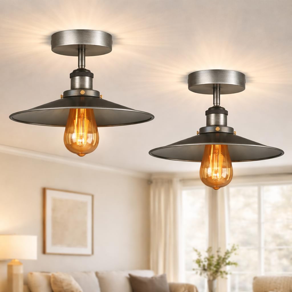 DC VOLTAGE Pack of 2 Vintage E27 Flush Mount Ceiling Light 22cm Satin Nickel Flat Shade Easy Fit Anti Rust Durable Metal LED Ceiling Lighting Fixture for Kitchen Living Room EPC A+