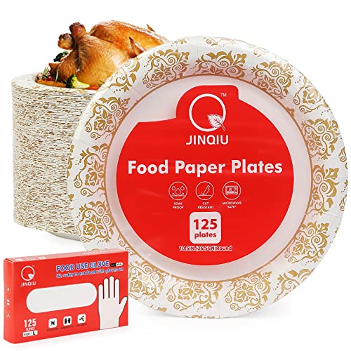 Jinqiu Paper Plate 10.5 '' | Discount Package 250Ct | Paper Tray 125Ct, Tpe Gloves 125Ct | Paper Tray Printed With Beautiful Images | Suitable For Various Food, Friends' Dinner, Party, Bbq, Hamburg #TOP5