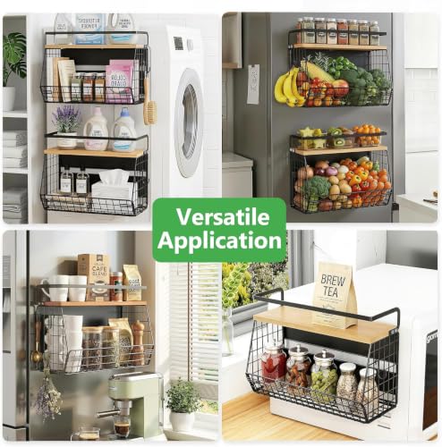 Image of Fridge Side Storage Rack Refrigerator Accessories Magnetic Shelf for Fridge with Wood Lid-1Pcs Refrigerator Side Hanger Fruit Potato Onion Storage Bins Pantry Organizer for Refrigerators