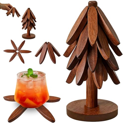 Image of Lyrovo Wooden Trivets for Hot Dishes, Tree Shape Trivet Set, 4 Walnut Wood + 1 Stand stored Like a Christmas Tree,Foldable Kitchen Wooden Trivet,for Hot Dishes、Pot、Bowl、Teapot、Hot Pot Holder