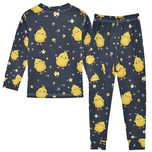 ALAZA Cute Cartoon Chicken Flower Blue Pajamas Long Sleeve Sleepwear 2-Piece Pajama Set2