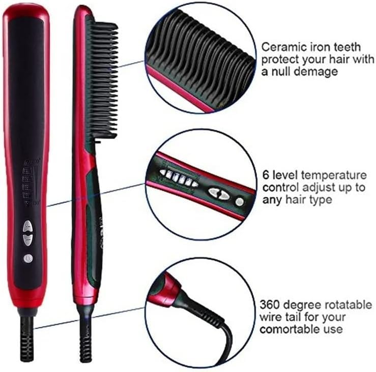 Plancha para Barba y Cabello con Cepillo Eléctrico, Estilizador Térmico Mini con Placas de Cerámica (Color: Rojo) miniatura 3