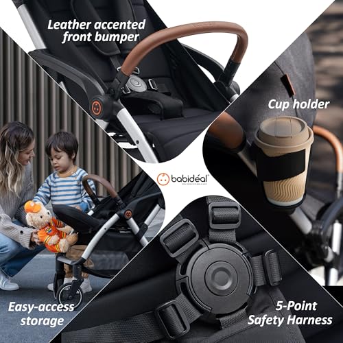 Image of Babideal Lightweight Travel Stroller for Baby, Self-Folding Toddler Stroller with Large Canopy, One-Hand Operated Reclining Seat, Cup Holder Included - Newborn to 50lbs. (Black)