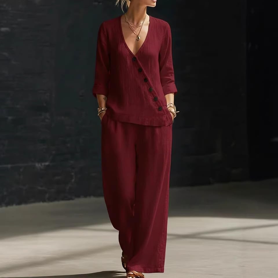 Women Cotton Linen Two Piece Set V Neck Blouse Wide Leg Pants Casual Spring Summer Outfit