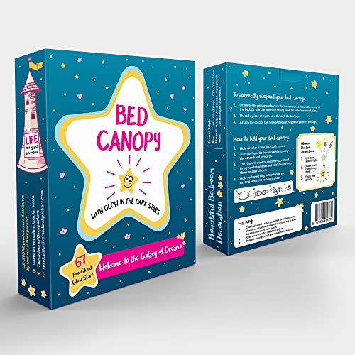 Image of Canopy for Girls Bed with 67 Pre-Glued Glow in the Dark Stars - Princess Mosquito Net Room Decor - Kids & Baby Bedroom Tent with Galaxy Lights - 1 Opening Canopy Bed & Hanging Kit Included