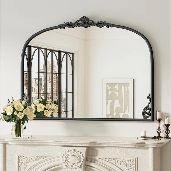 Vintage Ornate Horizontal Wall Mirror with Decorative Arched Fram...