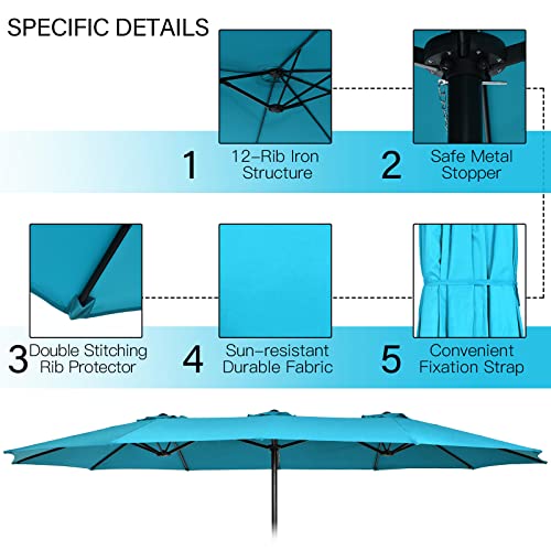 Image of Tangkula 15FT Double-Sided Patio Umbrella with Base, Extra-Large Market Umbrella W /Crank System, Outdoor Twin Umbrella W / 12-Rib Metal Structure & Air Vents for Garden, Backyard, Poolside (Turquoise)