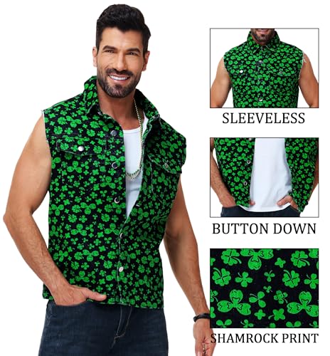 Image of AOBUTE Mens 4th of July Denim Vest American Flag Print Sleeveless Jean Jacket