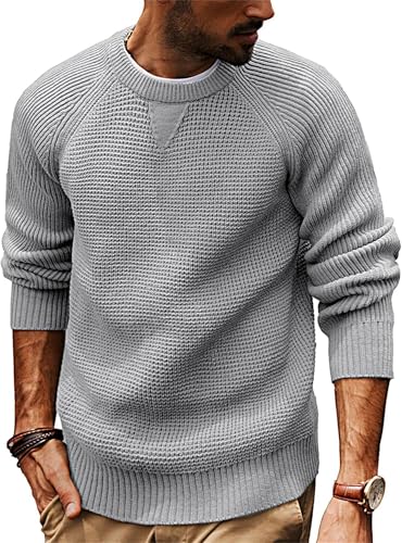 Men's Waffle Knit Raglan Sweater Crew Neck Knit Long Sleeve Casual Knit Sweater Pullover
