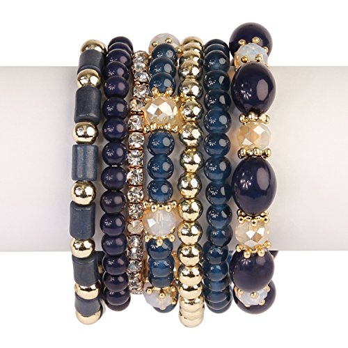 RIAH FASHION Multi Layer Bead Bracelet - Colorful Stacking Beaded Strand Stretch Cuff Statement Bangles Set3