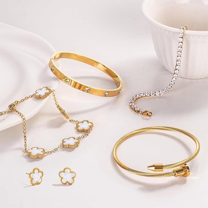 Freinit Bracelets and Earrings Set for Women 5Pcs 18K Gold Plated Nail love Bangle Bracelet Set Adjustable Bracelet Stackable Flower Tennis Bracelet Gifts for Christmas Valentines Women's Day and Mother's Day - Image 4