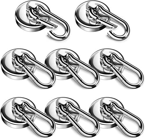 8 Pack Magnetic Hooks, 45.5 KG(100 LBS) Strong Magnet Hooks Heavy Duty, Magnets with Hooks, Super Strong Neodymium Magnets with Swivel Carabiner Snap Hooks for Indoor/Outdoor Hanging Camping Kitchen