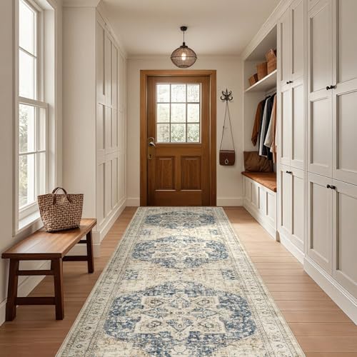 Tortania Area Rug 3x12 Runner Rugs - Washable Vintage Oriental Farmhouse Thin Indoor Carpet for Living Room Bedroom Hallway Entryway Kitchen Under Dining Table Home Office - Cream/Blue