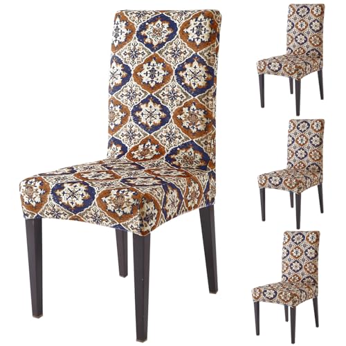 Image of HOKIPO Premium Printed Velvet Chair Cover Set of 4 for Dining Table, Indigo Moroccan Charm (AR-5794-D7*4)
