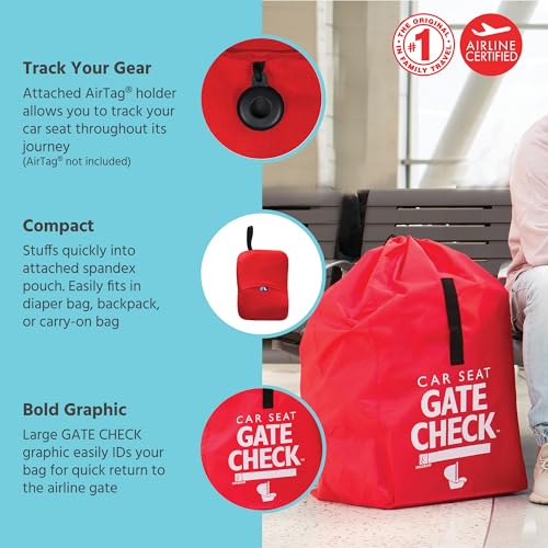 jl childress gate check bag for car seats - travel bag for airplane fits all baby amp infant car seats airport accessories for gate check flying essentials airtag compatible - red