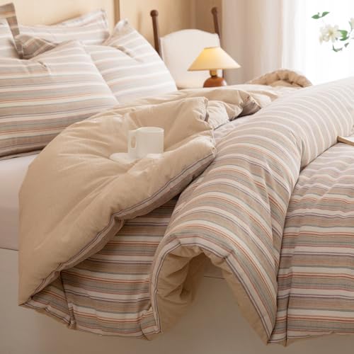 Image of 100% Cotton Comforter Set Full Size - Reversible Yarn-Dyed Stripe Design, Soft Washed Cotton on Both Sides, Lightweight All-Season Bedding, Machine Washable(Colorful Stripe, 80 inchx90 inch)