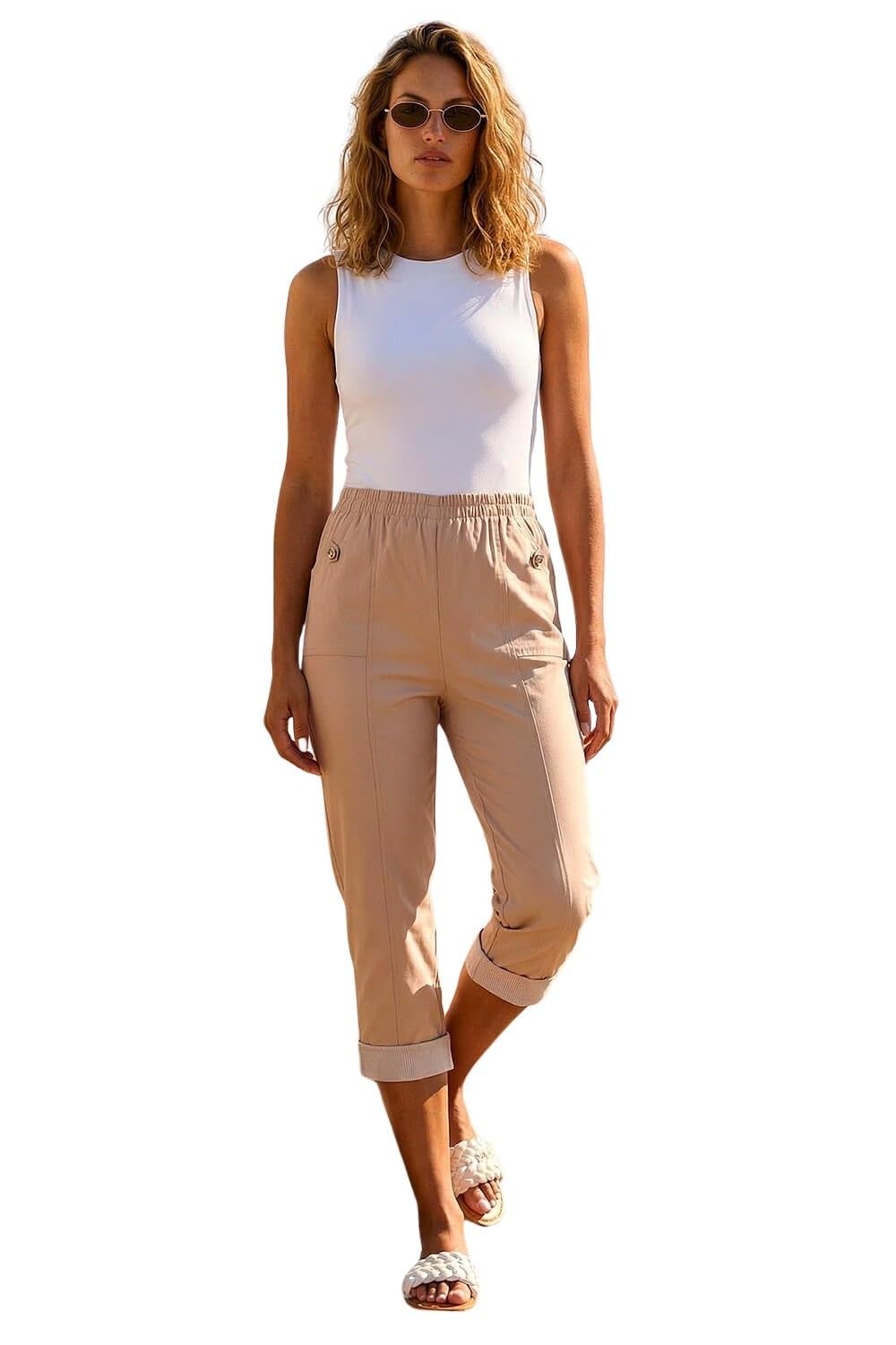 Roman Contrast Detail Cropped Stretch Trouser, Pink/Beige, Size 12, Women