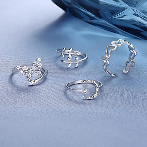 CASSIECA 20 Stücke Silber Ringe Set Verstellbare Finger Ringe Offene Knoten Verschiedene Stapelbare Gelenkschwanz Strand Schmetterlings Herz Schmuck für Frauen Mädchen