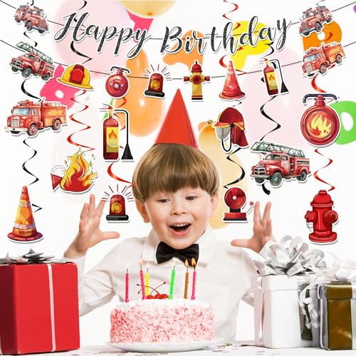 Image of Firetruck Birthday Party Decorations Include Fire Truck Happy Birthday Glitter Banner Firefighte Hanging Swirls Supplies for Fireman Birthday Theme Party Rescue Events
