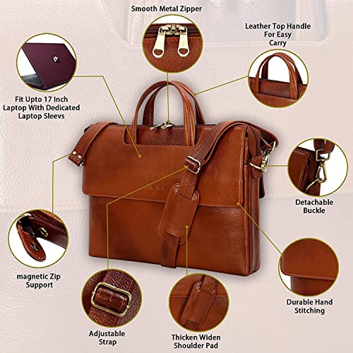 Image of RICHSIGN LEATHER ACCESSORIES Full Grain Natural Leather Laptop Messenger & Shoulder Bags for Men Women Office Briefcase Branded Stylish..Dimensions: L-14 x H- 12 x W- 2 Inch (Weight=900 GR)