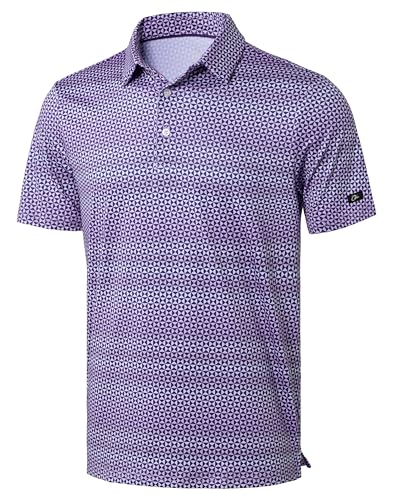 Obla Mens Golf Polo Shirts Short Sleeve Dry Fit Performance Moisture Wicking Casual Print Collared Golf Shirts for Men(Purple Square_L)