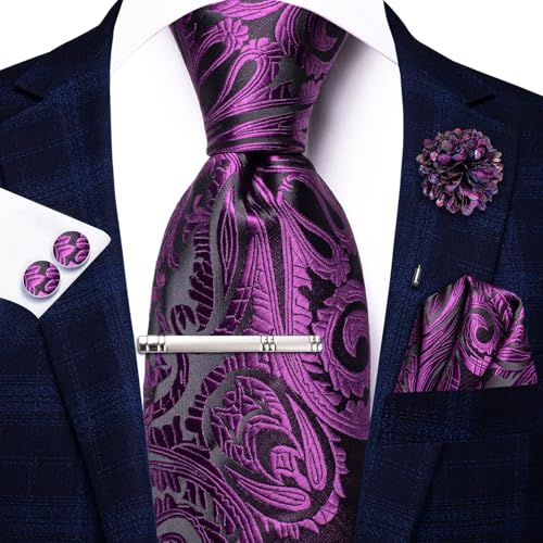 Image of Hi-Tie Grape Purple Paisley Neckties for Men Sets Floral Jacquard Tie and Pocket Square Lapel Pin Silver Tie Clip Cufflinks Set Wedding Business 6PCS