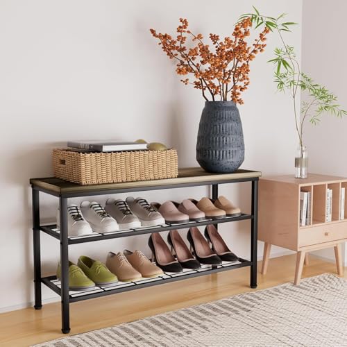 Image of 3-Tier Metal Shoe Rack with Wood Top - Durable & Space-Saving Shoe Organizer,Industrial Shoe Organizer Shelf Bench Storagefor Closet Entryway, Bedroom & Hallway