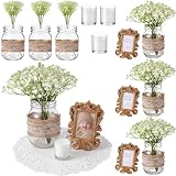 AceOrbit 3 Set Mason Jar for Decoration- Mason Jars with Burlap Lace, Daisy Bouquet, Vintage Picture Frames & Votive Candles Farmhouse Centerpiece for Wedding Baby Shower First Communion Home