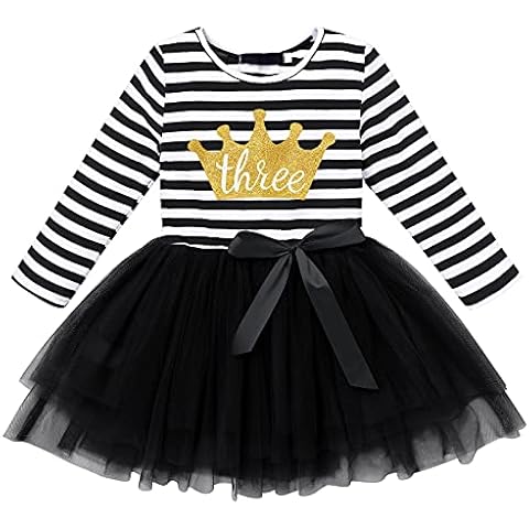 FYMNSI Kleinkinder Baby Mädchen 1. 2. 3. Jahre Geburtstag Party Kleid Gestreift Tüllkleid Langarm Glänzend Krown Prinzessin Tütü Festkleid Streifen Herbstkleid Freizeit Fotoshooting Bekleidung Cover