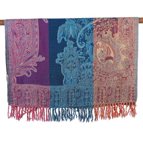 NOVICA Artisan Handmade Jamawar Wool Shawl Woven Fringed Blue Purple Yellow Accessories Multicolor India Floral Leaf Tree 'Regal Splendor'