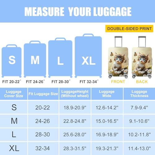 Image of Cute Cat and Butterflies Luggage Cover for 24-26 Inch Suitcase - Colorful Floral Travel Protector with Daisy and Meadow Design - Stretch Washable Luggage Sleeve,M