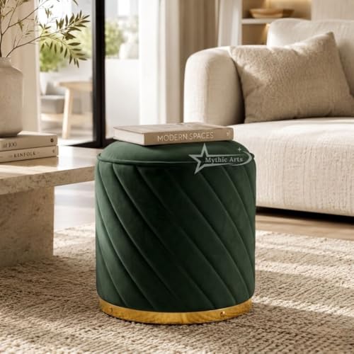 Image of Mythic Arts Ottoman Stool, Puffy Stool, Sitting Stool, Modern Upholstered Round Ottoman, Dressing Table for Living-Green