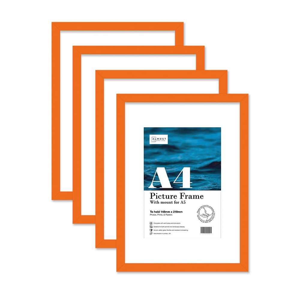 Almost Frameless A4 Orange Picture Frame Set of 4, Display A5 Pictures with Mount or A5 Without Mount Gallery Wall, Poster, Photo, Artwork, or Print, Orange
