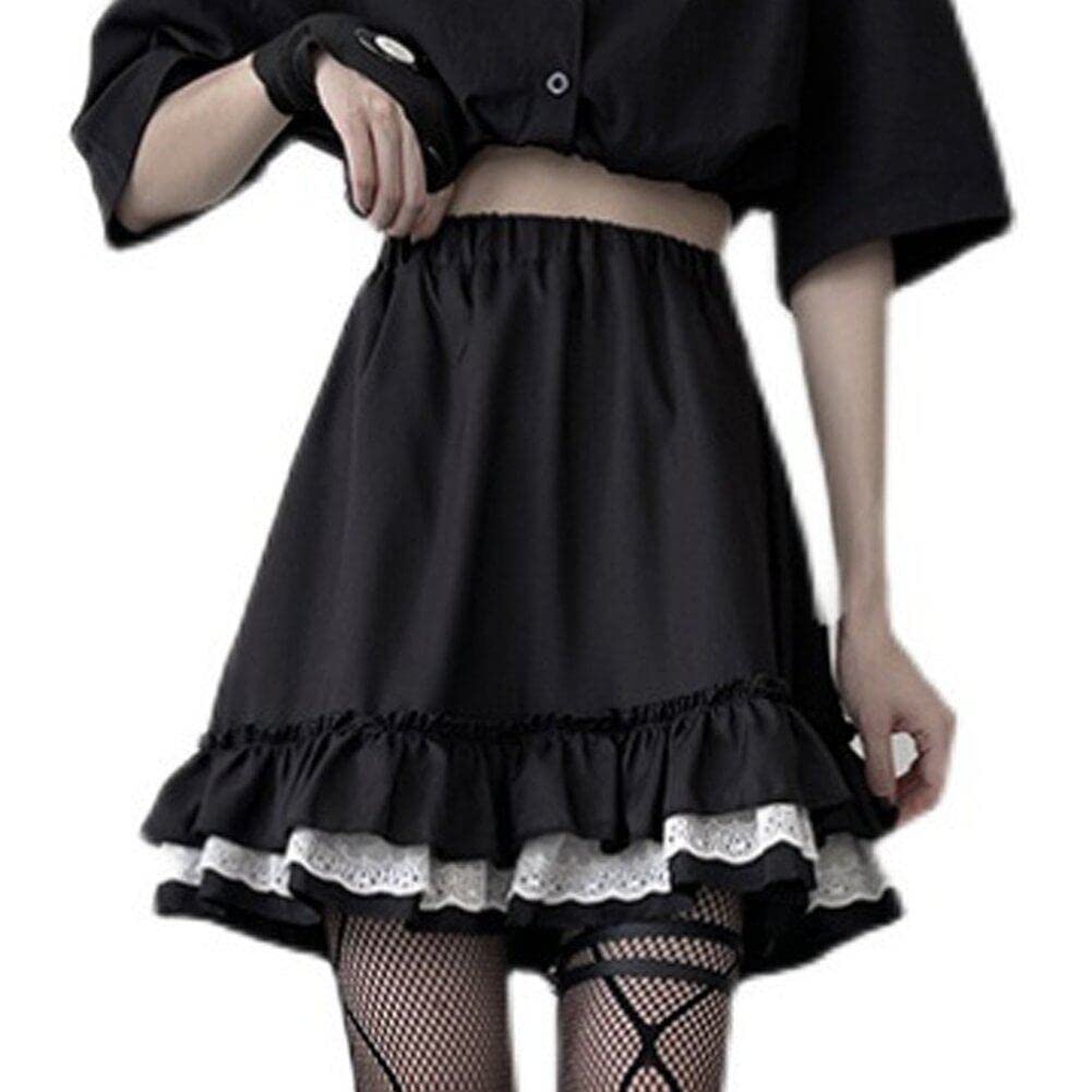 Wudaizhi Goth Gothic Lace Ruffle Mini Skirts Womens Harajuku Fairy Grunge Black Pleated Skirt Japanese Lolita Streetwear
