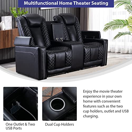CANMOV Electric Recliner Chairs with USB Ports and Cup Holders - Comfortable Faux Leather Home Theater Seating (Row of 2, Black)