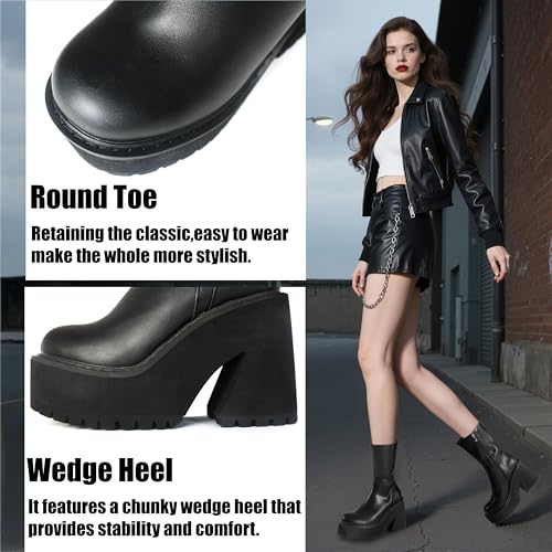 aminugal womens wedge heel ankle boots platform zipper punk motorcycle booties chunky block high heel round toe fashion work combat boots mid calf for women