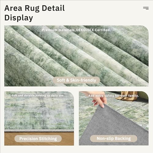 Image of Soalmost Abstract Rug 8x10 Large Living Room Rugs Neutral Modern Washable Area Rugs for Bedroom Dining Room Non-Slip Stain Resistant Foldable Thin Rug Green