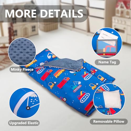 Image of Primlect Thickened Toddler Nap Mat with Removable Pillow and Minky Blanket, Extra Large 55''x35'' Sleeping Bag, Washable, Roll up, Perfect for Daycare, Preschool, Kindergarten, Boys and Girls Blue Car